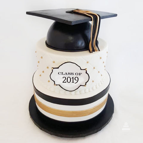 Graduation Class Cake, pastel de graduación blanco, negro y dorado