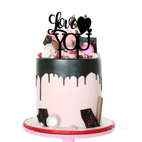 Pastel Drip Rosa y Negro con Cake Topper Love You