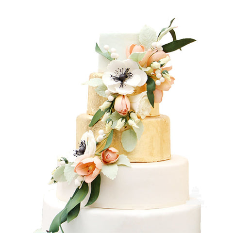 Tulips and foliage, pastel de boda con hoja de oro